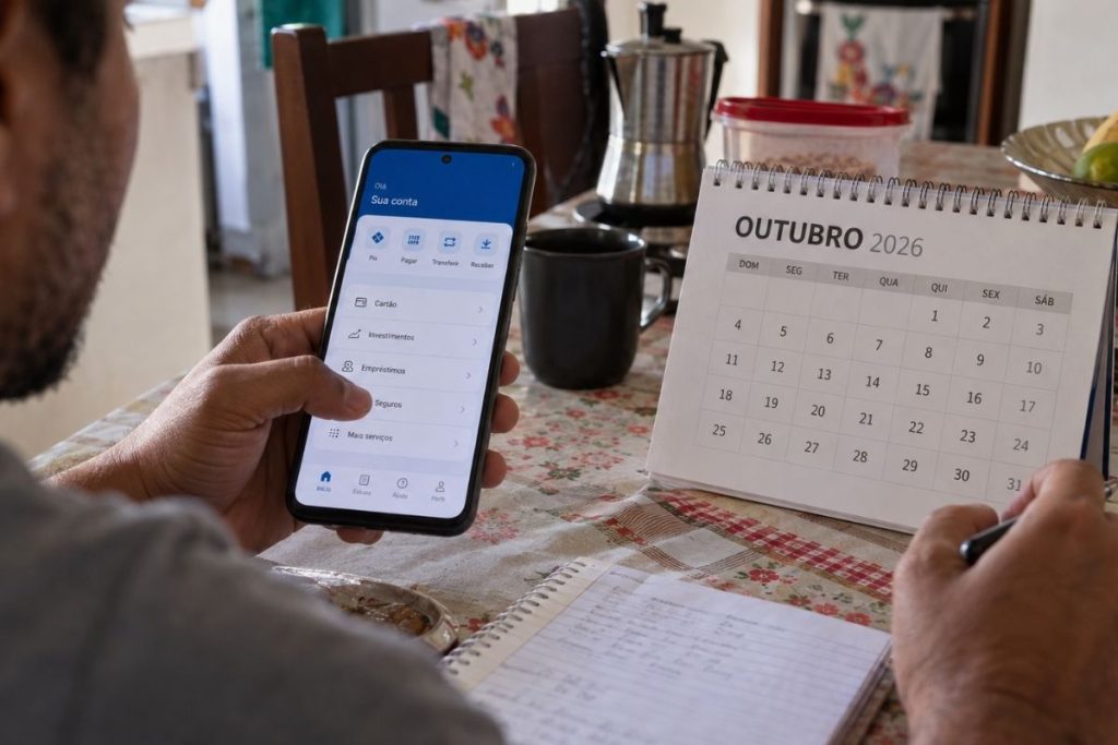 Trabalhador confere celular ao lado de calendário de outubro enquanto aguarda pagamento do salário.