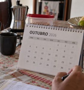 Trabalhador confere celular ao lado de calendário de outubro enquanto aguarda pagamento do salário.