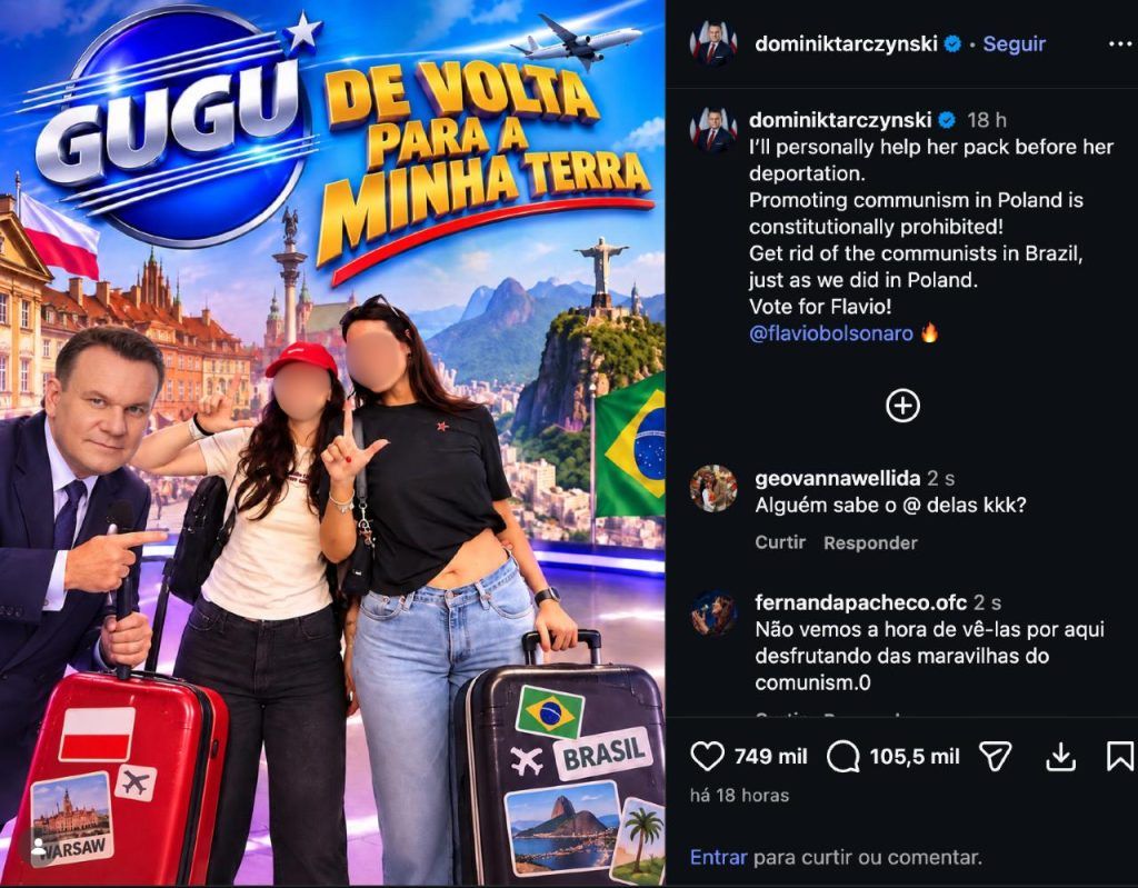 Em nova publicação, o eurodeputado usou uma montagem inspirada no quadro de Gugu Liberato para ironizar uma possível deportação das brasileiras. (Imagem: Captura de tela/Reprodução/Instagram)