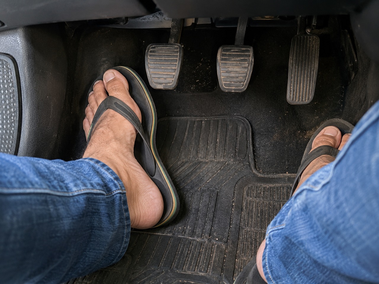 Chinelos e outros calçados que não ficam firmes nos pés podem comprometer o acionamento dos pedais durante a condução