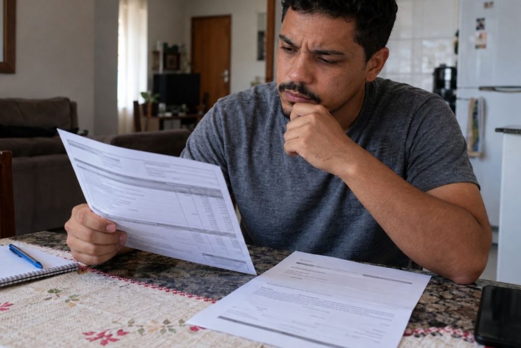Trabalhador compara atestado médico com contracheque após identificar desconto no pagamento