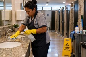 Trabalhador com luvas realiza higienização de banheiro coletivo em local de grande circulação