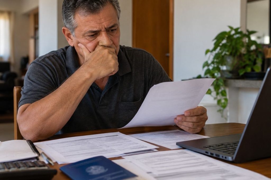 Trabalhador consulta documentos após demissão próxima ao período de estabilidade antes da aposentadoria.