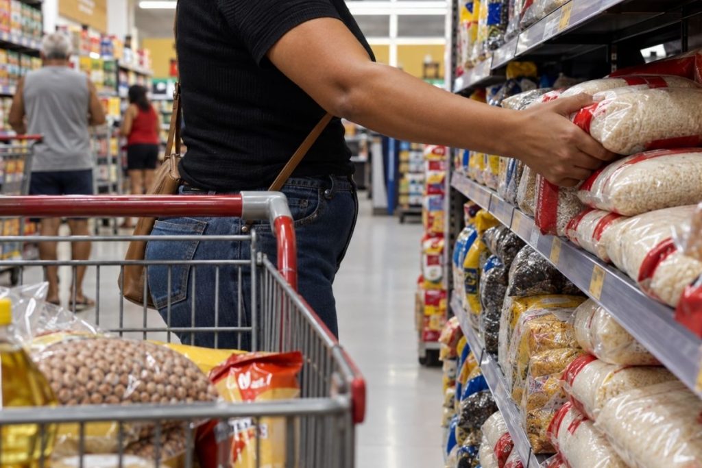Cliente devolve produto à prateleira correta em corredor de supermercado