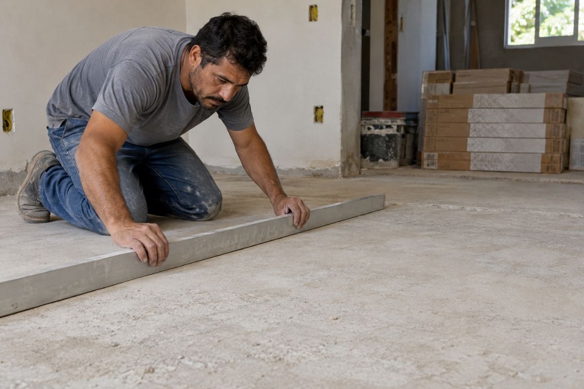 Profissional verifica nivelamento e condições do contrapiso antes de instalar revestimento