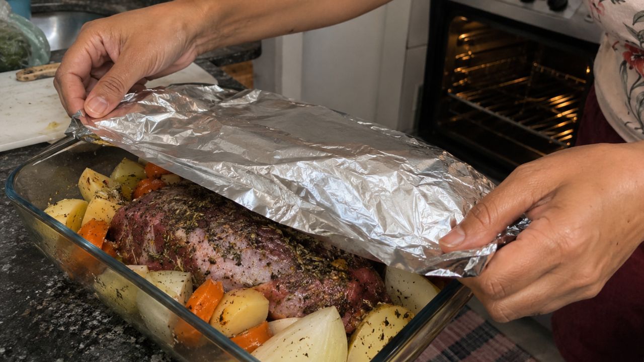 Pessoa cobre assadeira com carne e vegetais usando papel-alumínio antes de levá-la ao forno