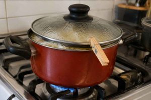 prendedor de madeira na tampa da panela