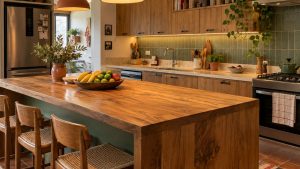 Cozinha contemporânea combina madeira natural, tons quentes e detalhes terrosos em projeto inspirado nas tendências de 2027