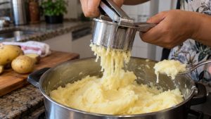 Pessoa amassa batatas com espremedor durante o preparo de purê para evitar textura elástica