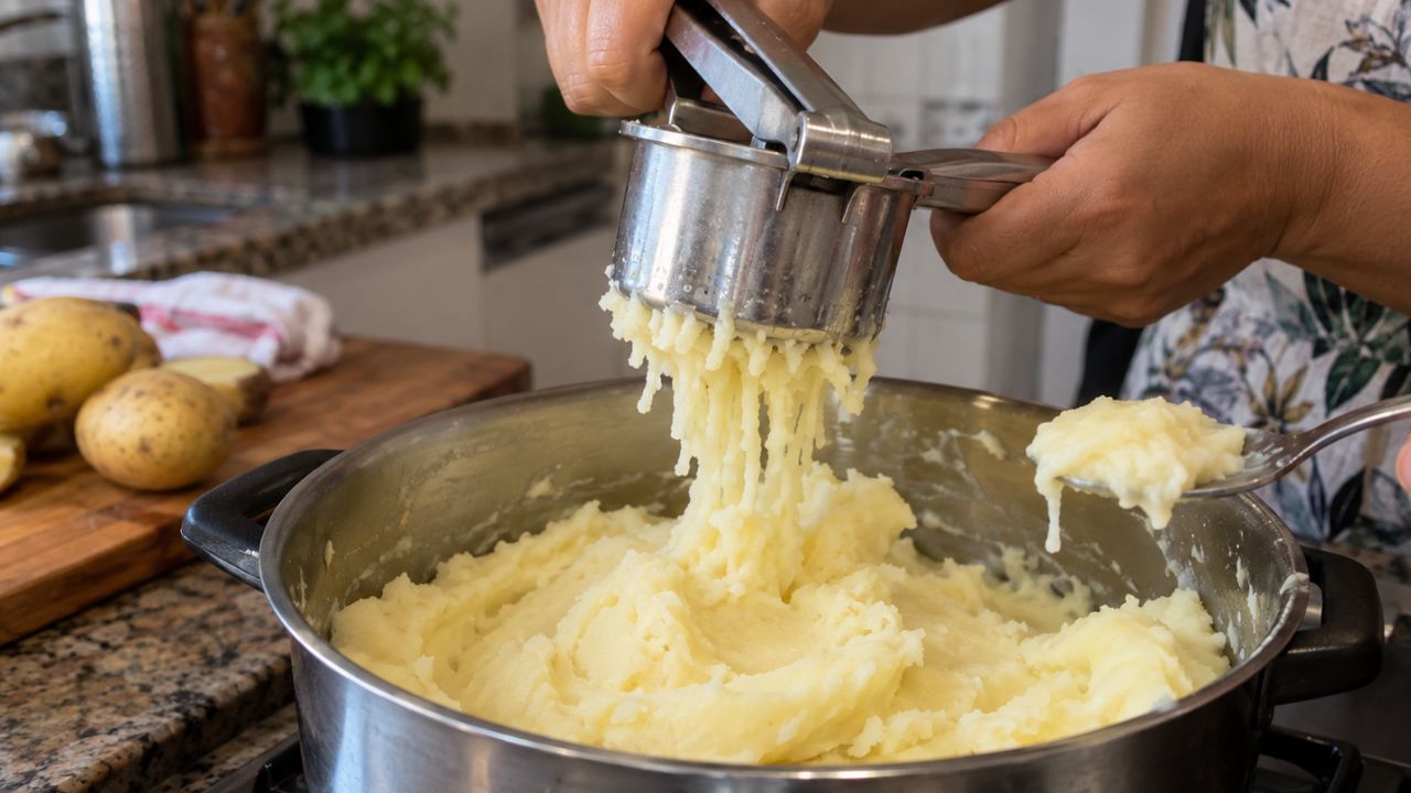 Pessoa amassa batatas com espremedor durante o preparo de purê para evitar textura elástica
