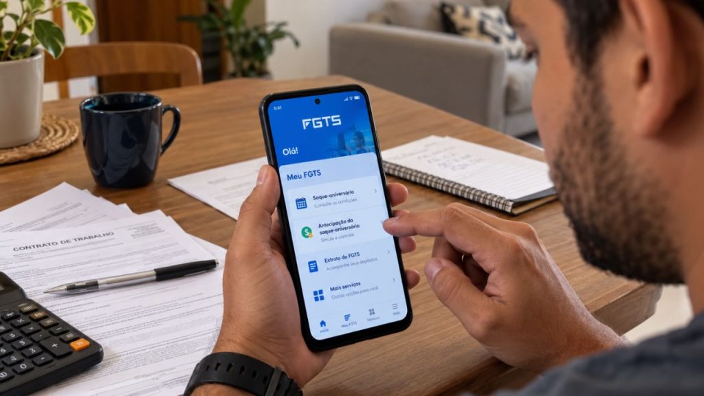 Trabalhador consulta pelo celular informações sobre a antecipação do saque-aniversário do FGTS