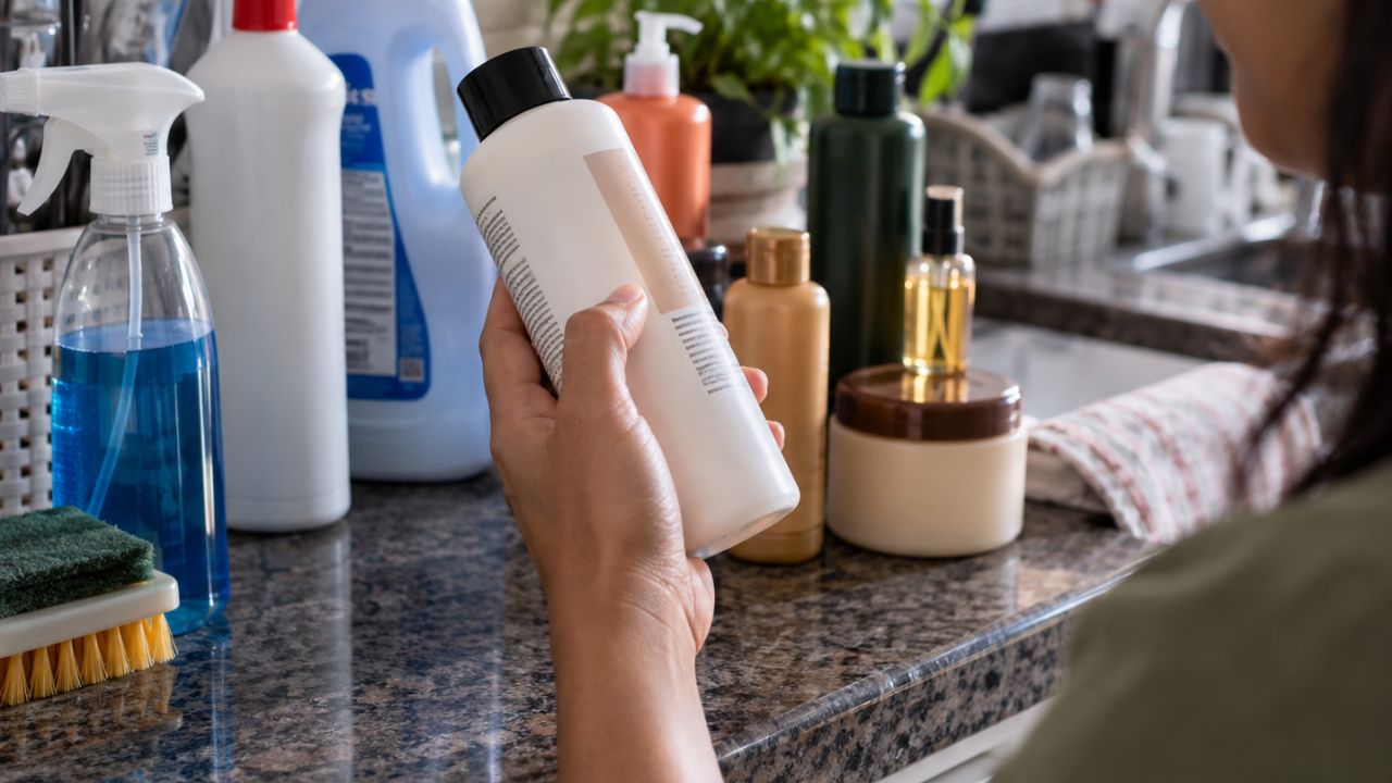 Pessoa confere rótulos de produtos de limpeza e itens para cabelo após alerta sobre mercadorias proibidas pela Anvisa