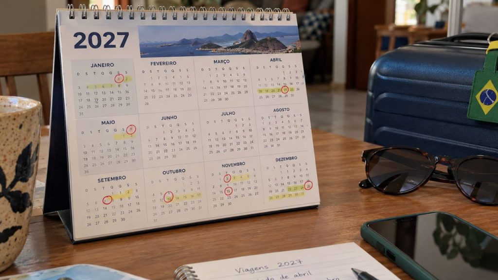 Calendário de 2027 aparece ao lado de itens de viagem, representando os feriados prolongados previstos para o ano