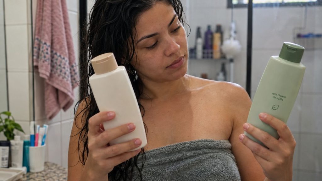 Mulher compara dois frascos de shampoo antes de lavar o cabelo em um banheiro residencial