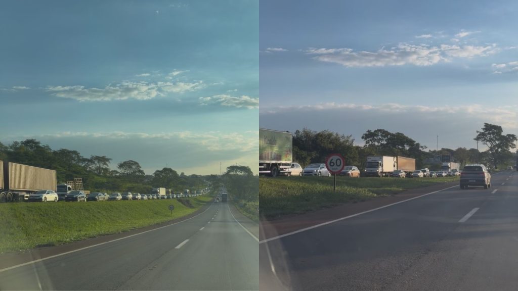 Congestionamento deixou trânsito mais lento na BR-153, entre Goiânia e Anápolis.