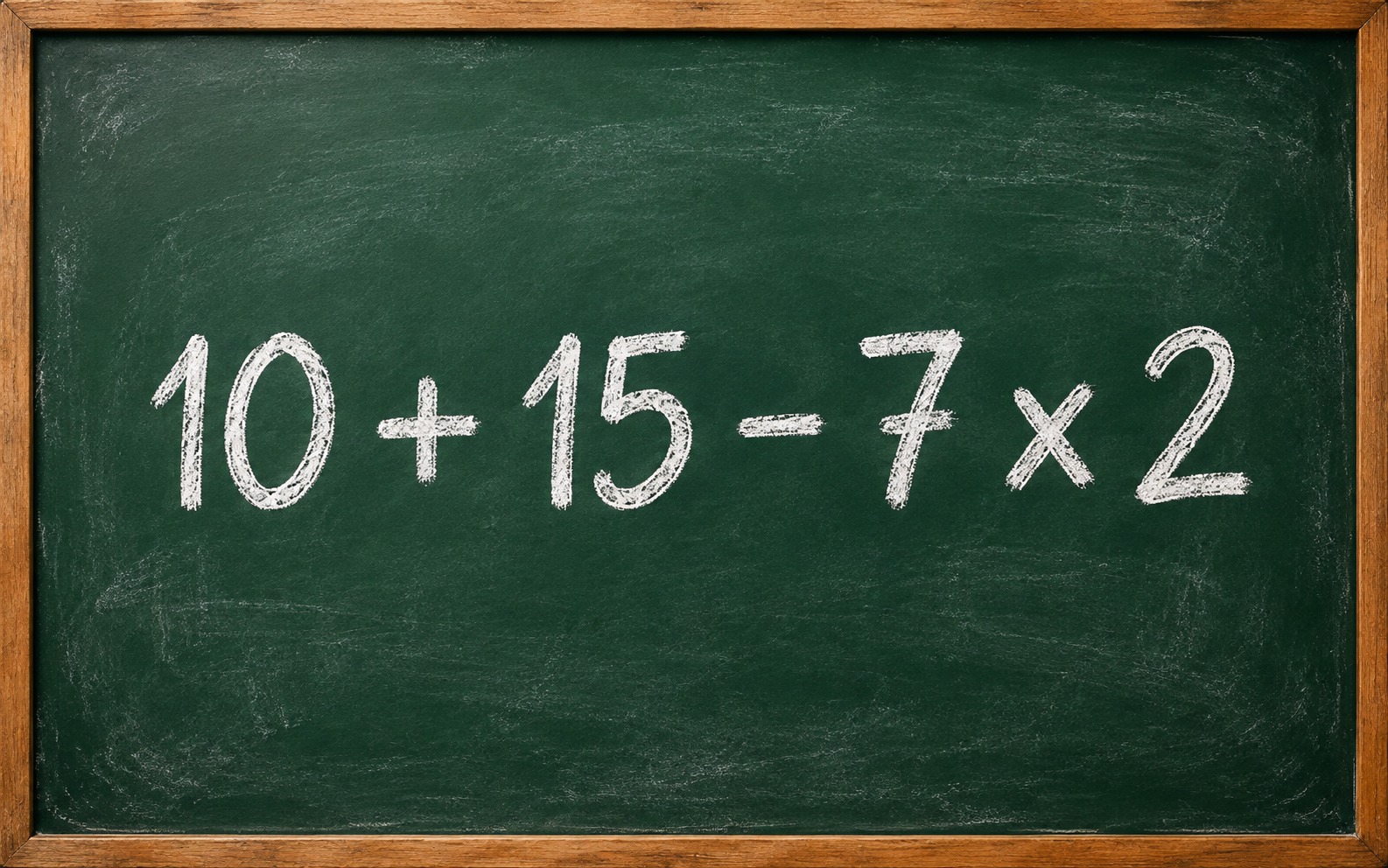Sem usar lápis e borracha, resolva a conta 10 + 15 – 7 x 2 e prove o que você lembra da escola