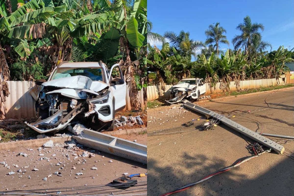 Carro derruba poste e fica com a frente destruída em Anápolis; motorista foge em outro veículo