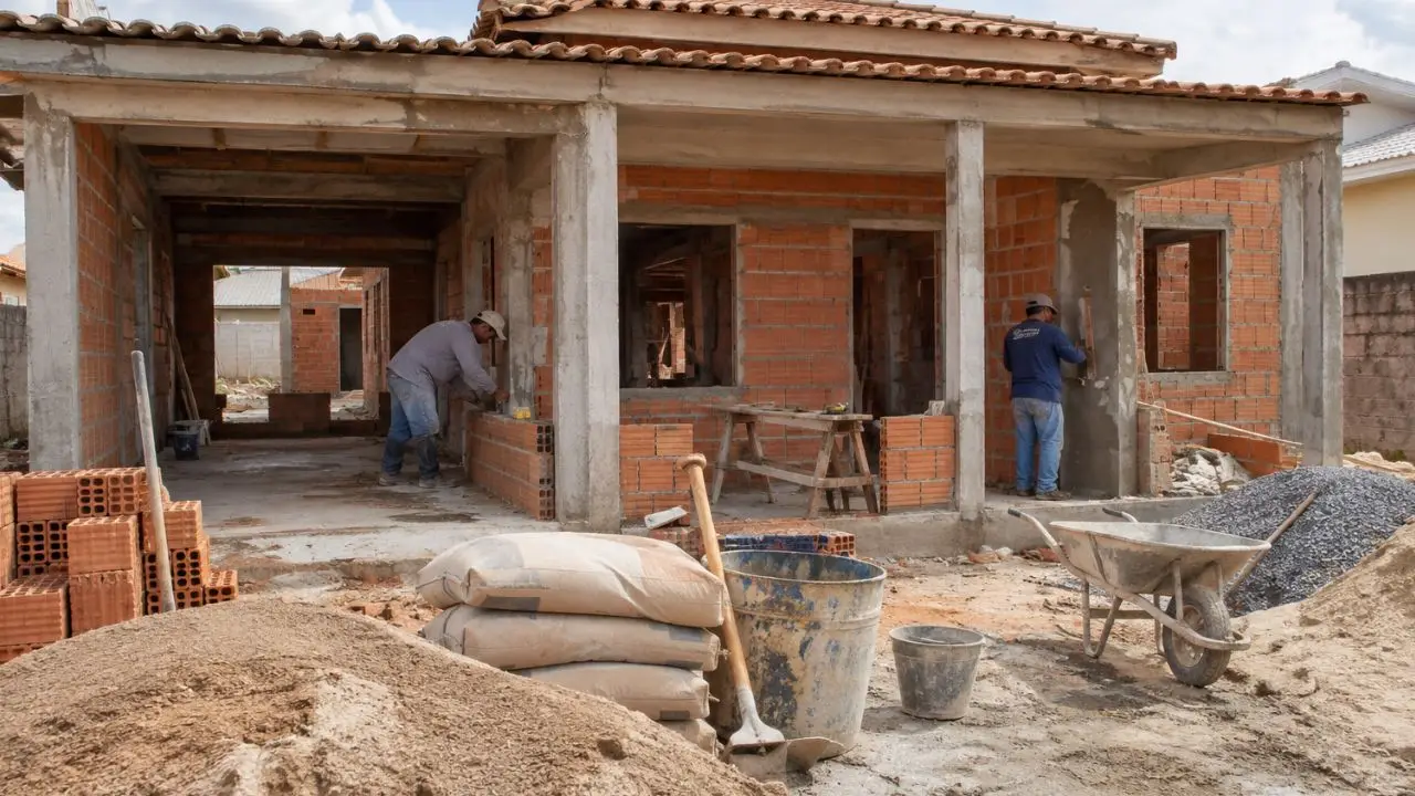 Pedreiros trabalham na construção de uma casa térrea de três quartos com garagem e varanda