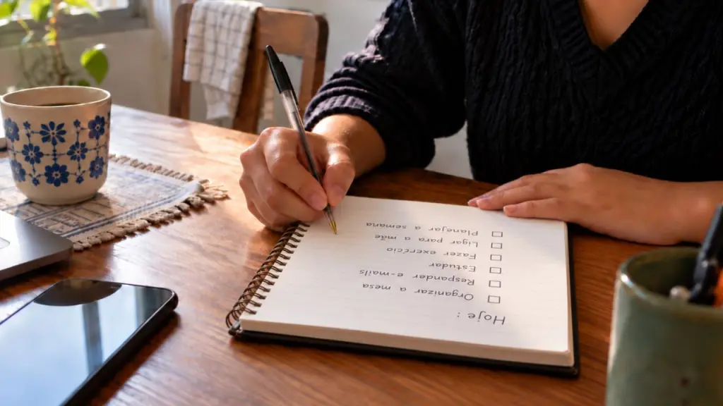 Pessoa inicia uma tarefa em um caderno sobre a mesa, representando a passagem da intenção para a atitude