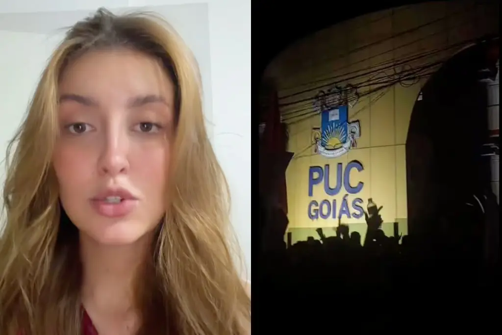 Manifestação na PUC Goiás provocou opiniões divergentes nas redes sociais após jovem publicar vídeo criticando o ato. (Foto: Reprodução/Redes sociais)