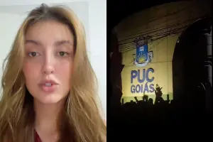 Manifestação na PUC Goiás provocou opiniões divergentes nas redes sociais após jovem publicar vídeo criticando o ato. (Foto: Reprodução/Redes sociais)