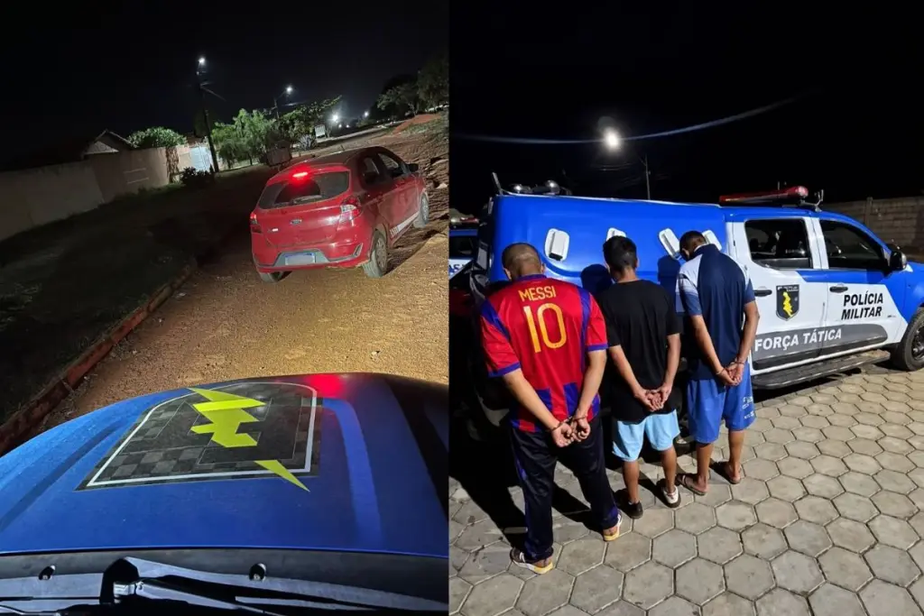 Polícia Militar recuperou veículo roubado de motorista de aplicativo e conduziu suspeitos à delegacia após abordagem em Planaltina de Goiás. (Foto: Reprodução/PCGO)