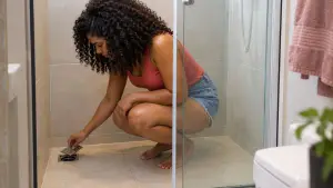 mulher verifica a parte interna do ralo