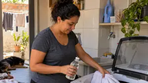 Mulher coloca toalhas na máquina de lavar