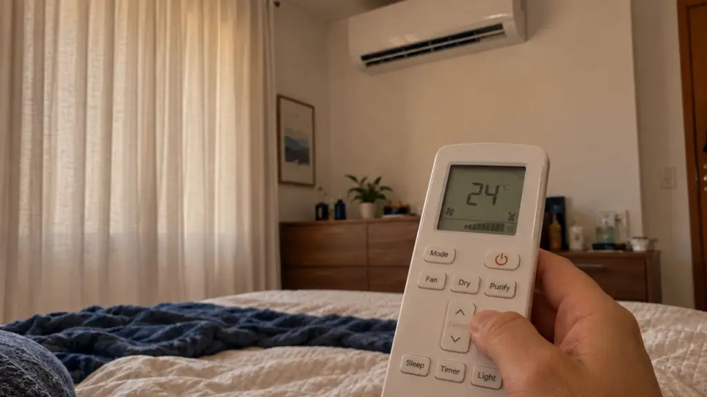 Pessoa observa funções no controle remoto de um ar-condicionado instalado no quarto
