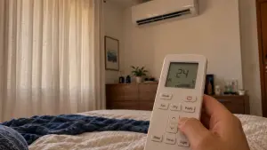 Pessoa observa funções no controle remoto de um ar-condicionado instalado no quarto