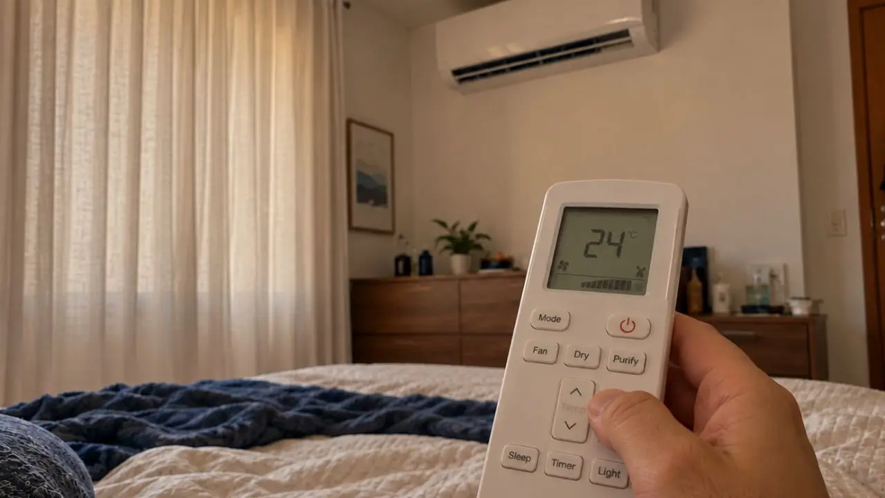 Pessoa observa funções no controle remoto de um ar-condicionado instalado no quarto