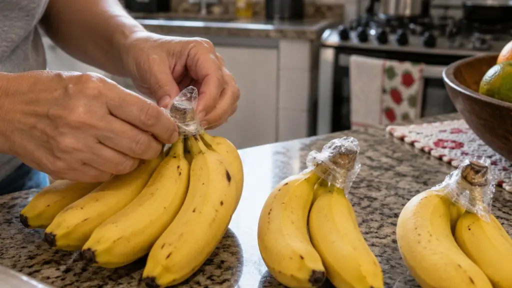 Pessoa envolve os talos de bananas com plástico-filme sobre bancada de cozinha para tentar retardar o amadurecimento