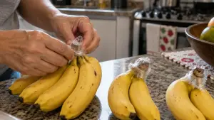 Pessoa envolve os talos de bananas com plástico-filme sobre bancada de cozinha para tentar retardar o amadurecimento