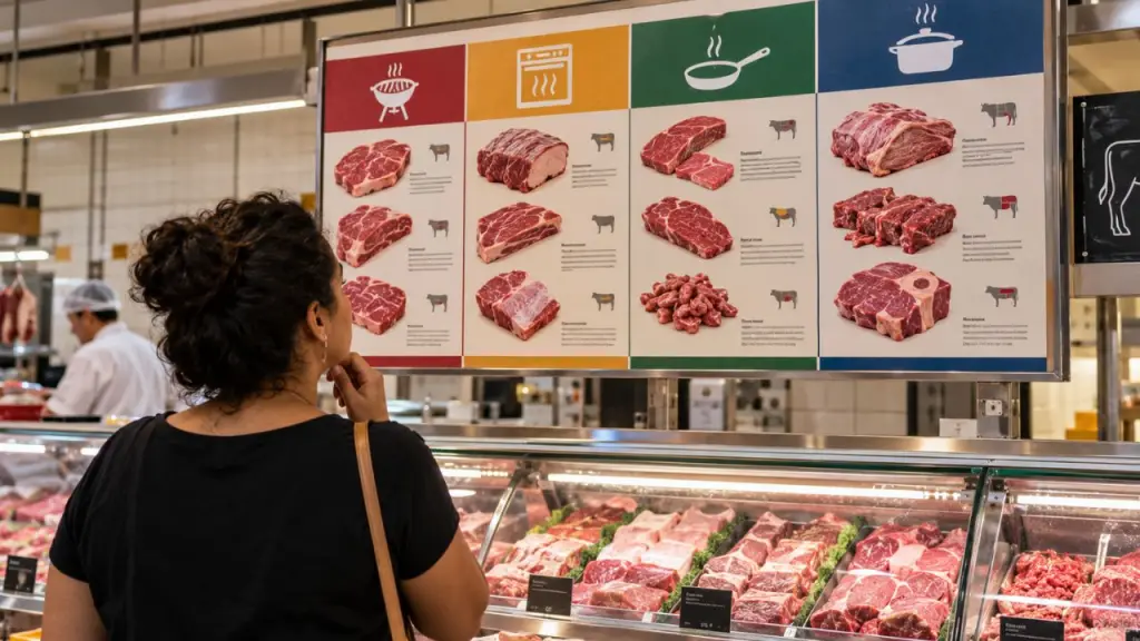 Painel colocado em açougue de supermercado relaciona diferentes receitas aos cortes de carne indicados para cada preparo