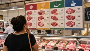 Painel colocado em açougue de supermercado relaciona diferentes receitas aos cortes de carne indicados para cada preparo