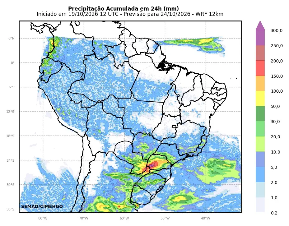 Uma nova frente fria pode aumentar as precipitações em Goiás no início da próxima semana. (Imagem: Reprodução/Cimehgo)
