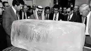Operação financiada por príncipe saudita levou um bloco de gelo do Alasca aos Estados Unidos em 1977 para estudar o transporte de icebergs