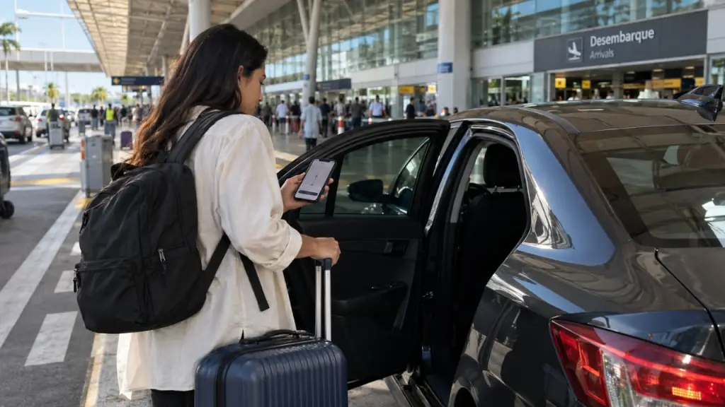 Passageiro com mala embarca em carro de aplicativo na área externa de um aeroporto