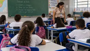 Crianças da mesma turma participam de atividade escolar em sala de aula
