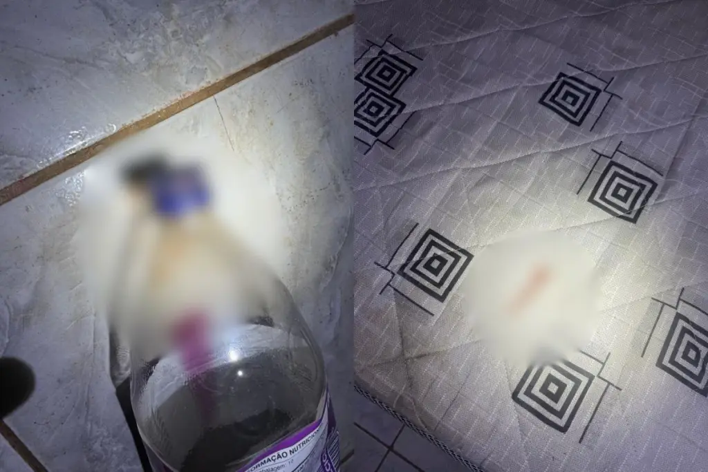 Garrafa e lençol apresentam manchas que podem ser de sangue, relacionadas às agressões denunciadas pela vítima. (Foto: Reprodução)