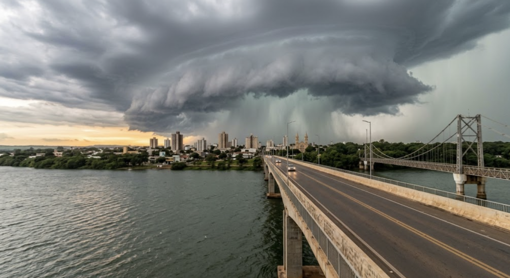 Fotografia em grande angular de uma enorme nuvem de tempestade escura se aproximando da cidade de Itumbiara, Goiás. A vista é a partir de uma ponte sobre o Rio Paranaíba, mostrando águas agitadas, carros com faróis acesos na ponte e o horizonte da cidade ao fundo sendo encoberto pela chuva.