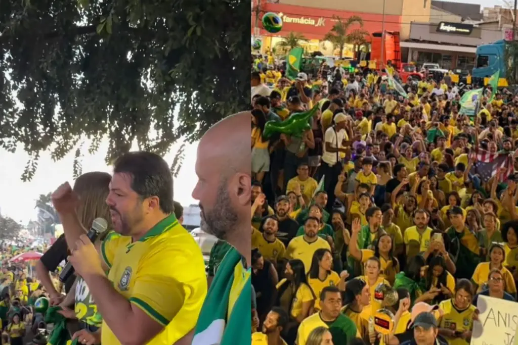 Prefeito Márcio Corrêa discursa para apoiadores de Flávio Bolsonaro durante ato político na Praça Dom Emanuel, em Anápolis. (Foto: Reprodução/Redes sociais)