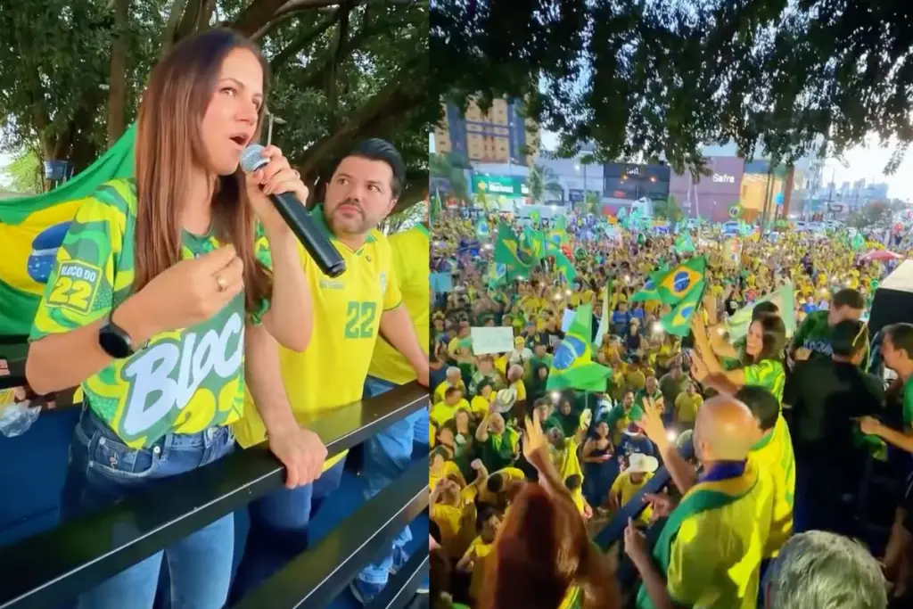 Carla Corrêa discursa ao microfone no trio elétrico do Bloquinho do 22, na Praça Dom Emanuel, em Anápolis. (Foto: Reprodução/Redes sociais)