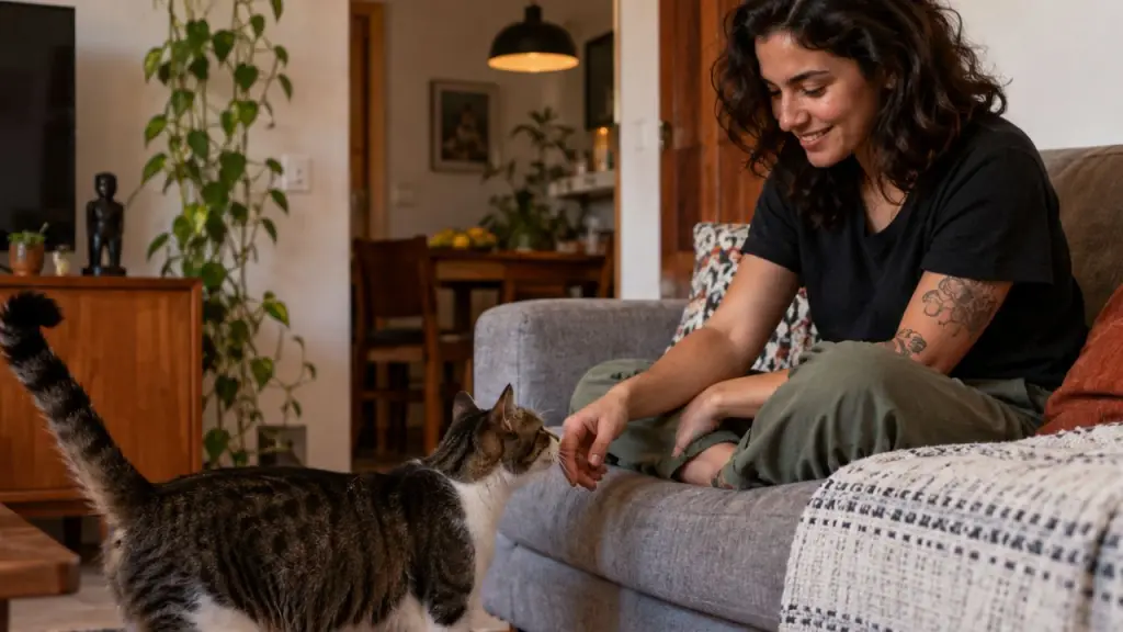 gato se aproxima espontaneamente de pessoa sentada, comportamento associado à confiança e ao respeito pelos limites do animal