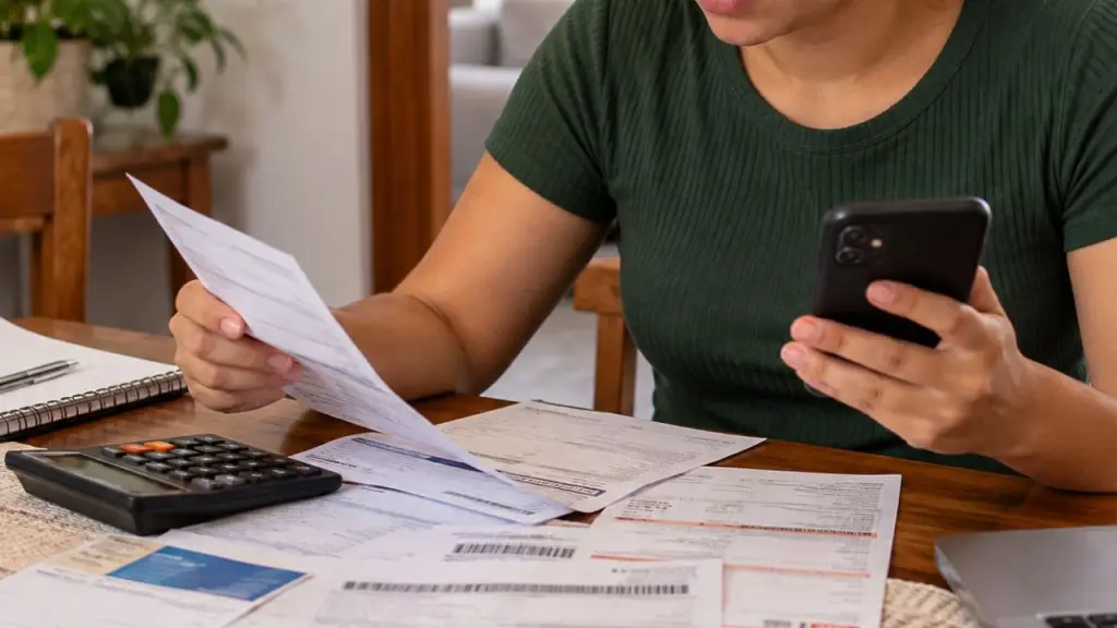 pessoa analisa contas e dívidas enquanto consulta informações financeiras pelo celular