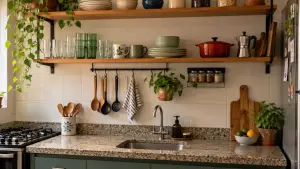 cozinha com prateleiras abertas usadas para organizar pratos, copos e utensílios