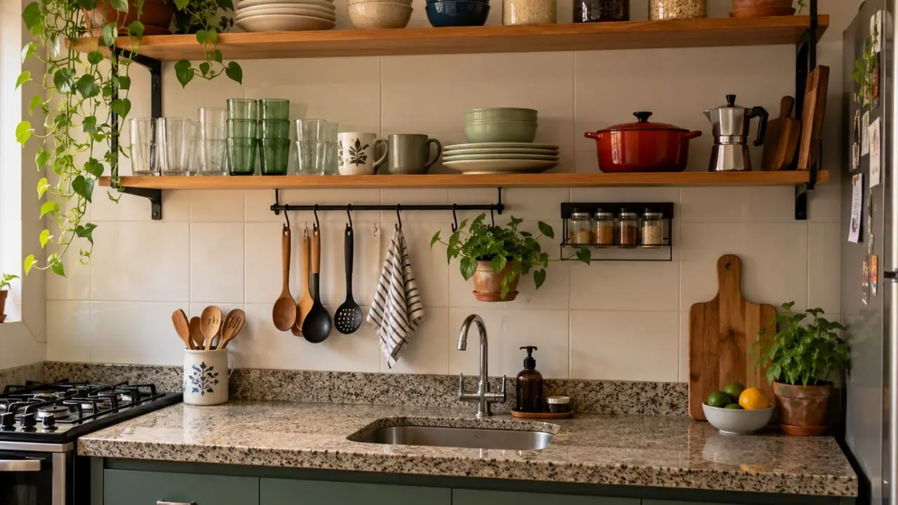 cozinha com prateleiras abertas usadas para organizar pratos, copos e utensílios