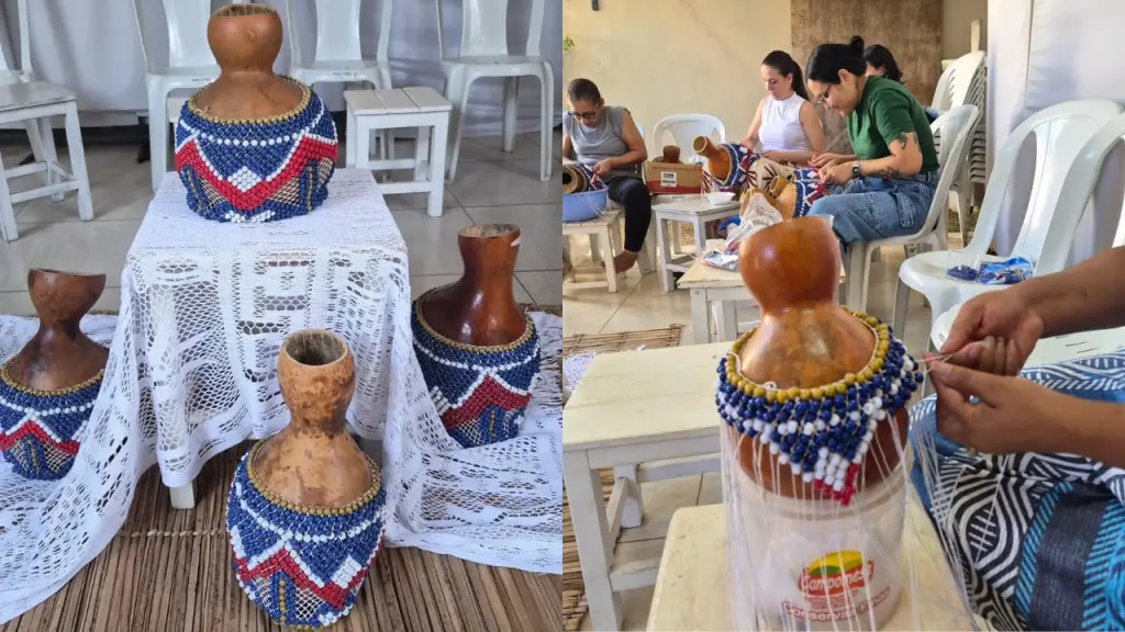 Participantes aprendem a confeccionar xequerês, instrumentos de percussão feitos com cabaças, durante oficina gratuita promovida pela Acadêmicos de São Jorge. (Foto: Reprodução/Instagram/@academicosdesaojorge)