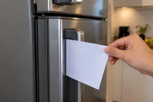 folha de papel na porta da geladeira