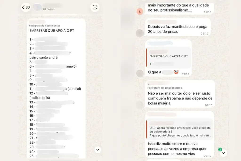 Lista com nomes de estabelecimentos comerciais apontados como apoiadores do PT circulou em grupo de mães de Anápolis. (Foto: Reprodução/WhatsApp)